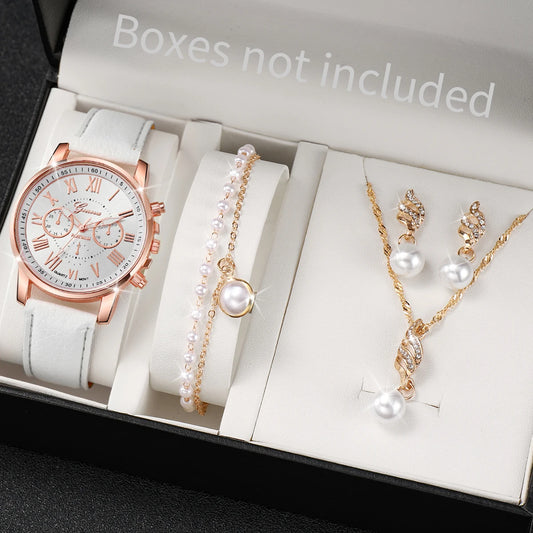 5PCS/Set Women's Watch Fashion Roma Dial Leather Band Quartz Watches Pearls Jewelry Set(Without Box)