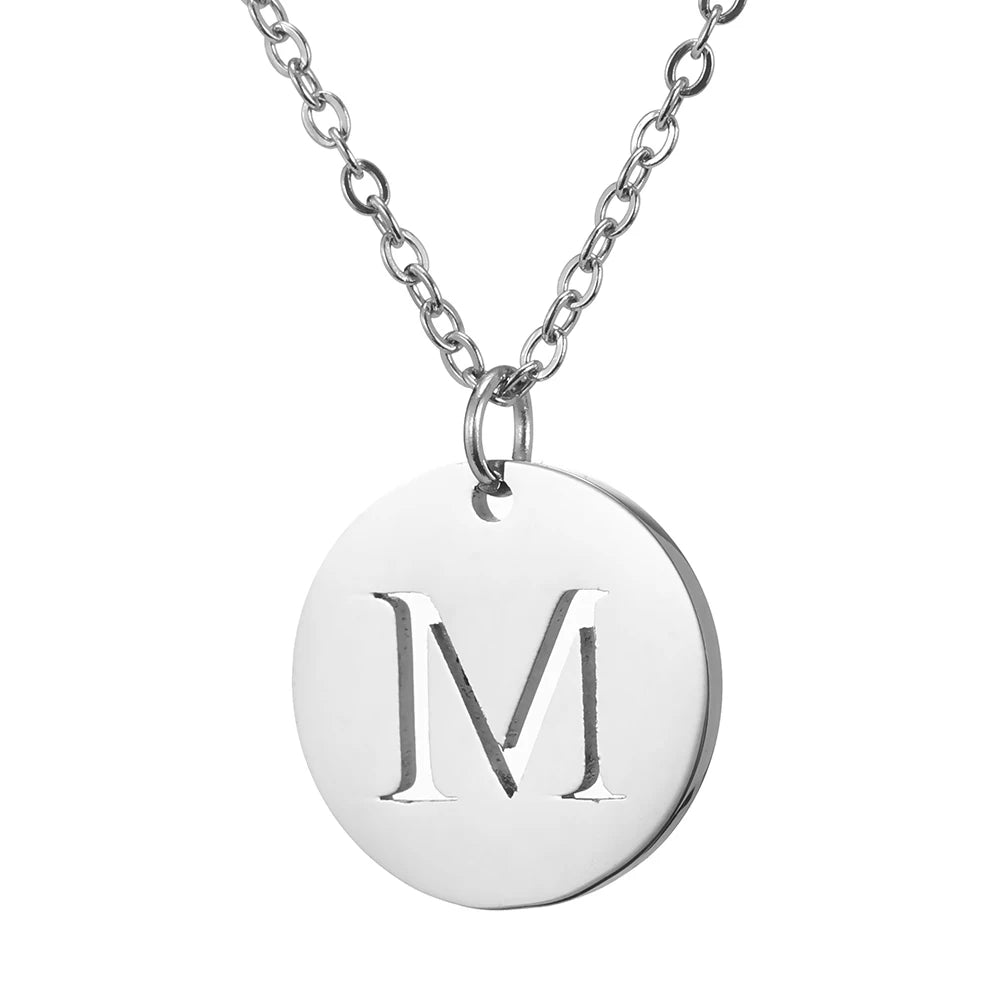 Amaxer Stainless Steel Necklace Fashion Gold Color Initial Charms Metal Round A To Z Letters For Women Single Name Jewelry Gifts