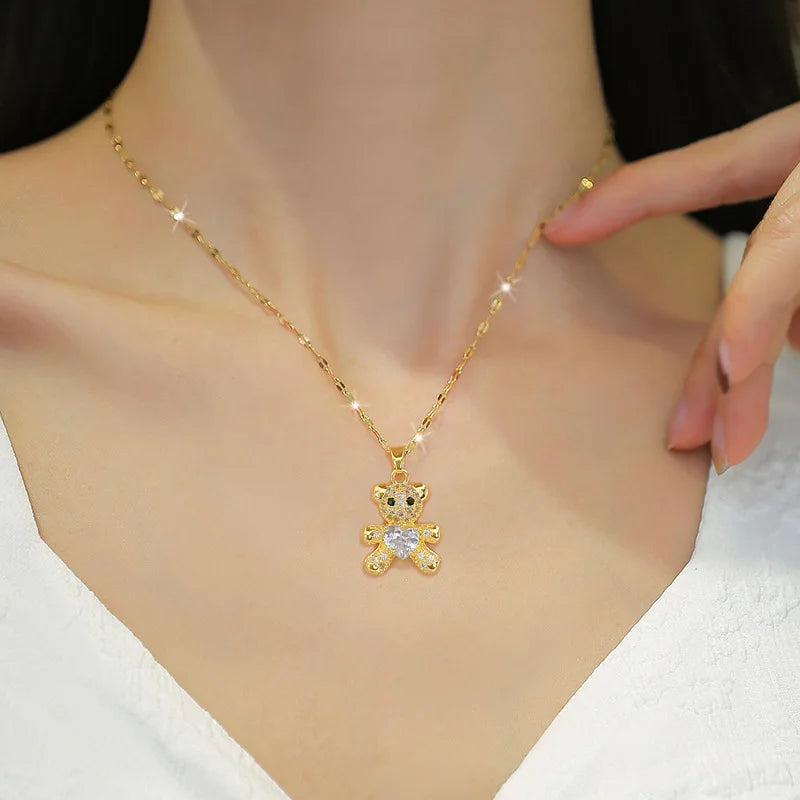 Cute Fashionable Bear Micropaved Rhinestone Pendant Necklace Earrings Set Women's Jewelry Perfect Birthday Gift for Girls Women