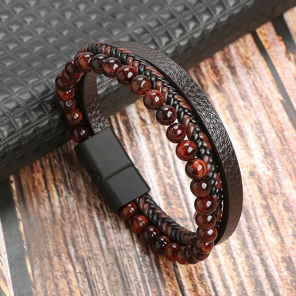 High Quality Leather Bracelet Men Classic Fashion Red Tiger Eye Beaded Multi Layer Leather Bracelet For Men Jewelry Gift