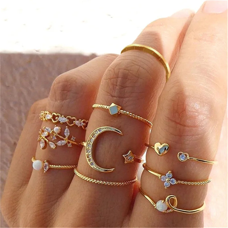 Silver Color Crystal Rings Set for Women, Cubic Zirconia Moon Arrow Flower Heart Finger Wedding Rings, Female Fashion Jewelry