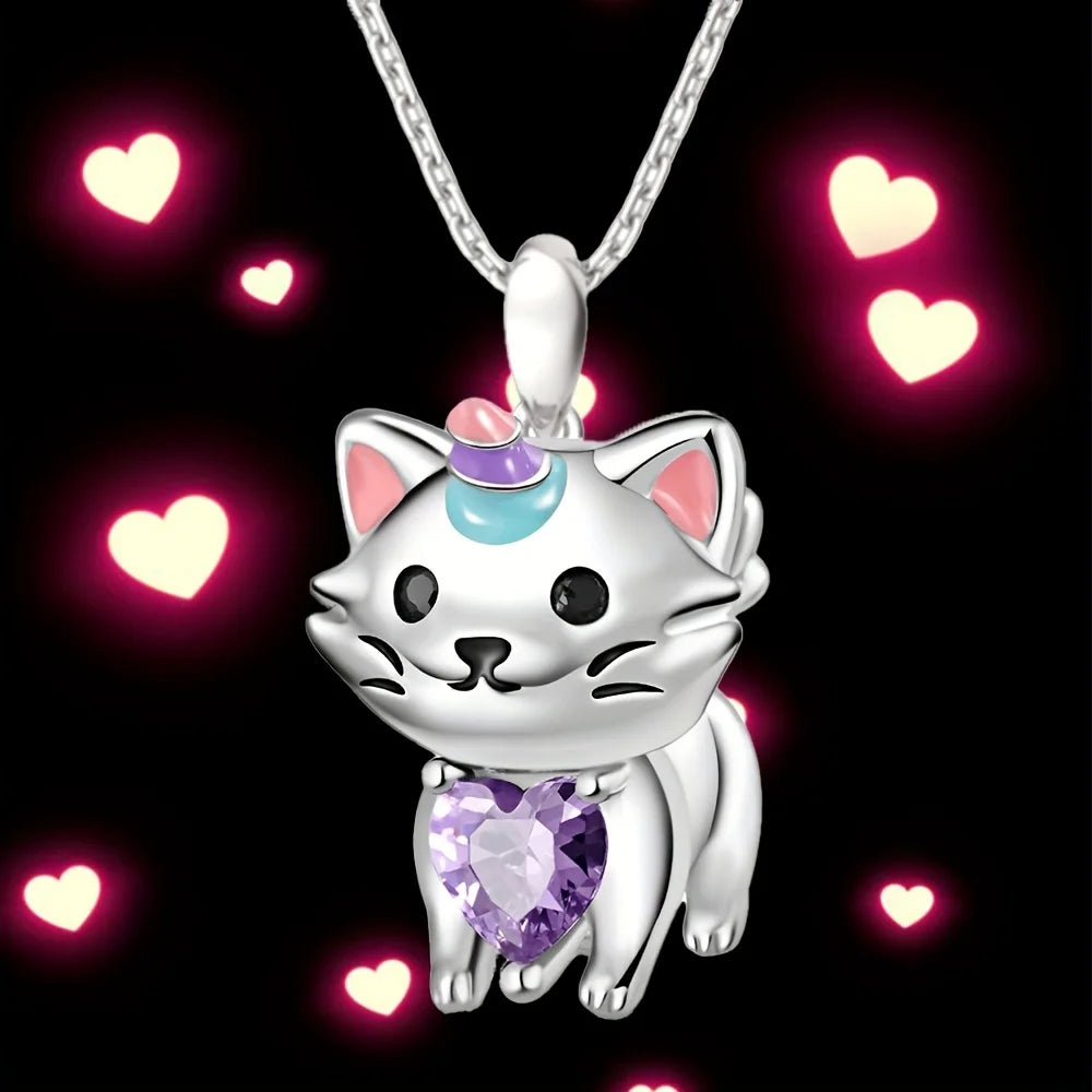 Beautiful Fashion Kitty Wearing Heart Shape Crystal Pendant Necklace Charm Jewelry Women Necklace Perfect Gift for Girls Women