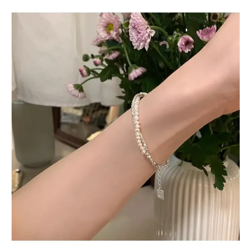 925 Sterling Silver Double Layer Pearl Bracelet for Women Girl Design Bead Korean Jewelry Dropshipping Charm Bracelet