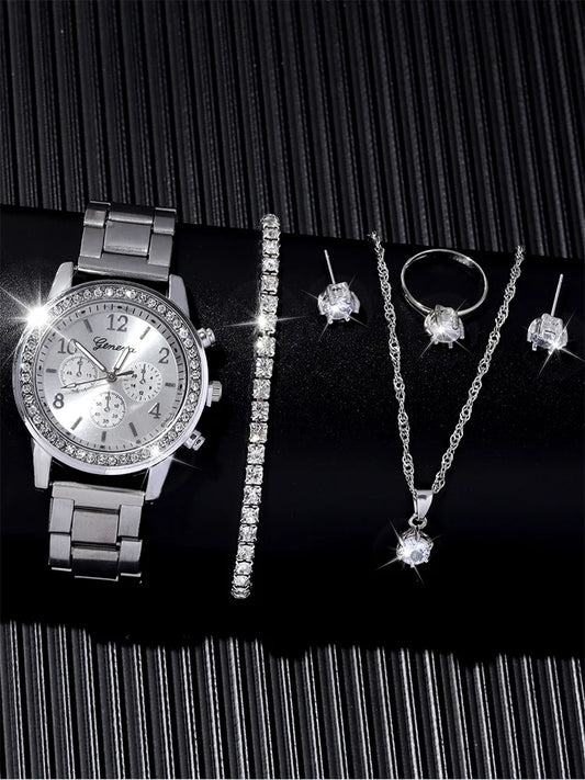 WOMEN'S Quartz Steel Band Watch + necklace + earrings + ring bracelet