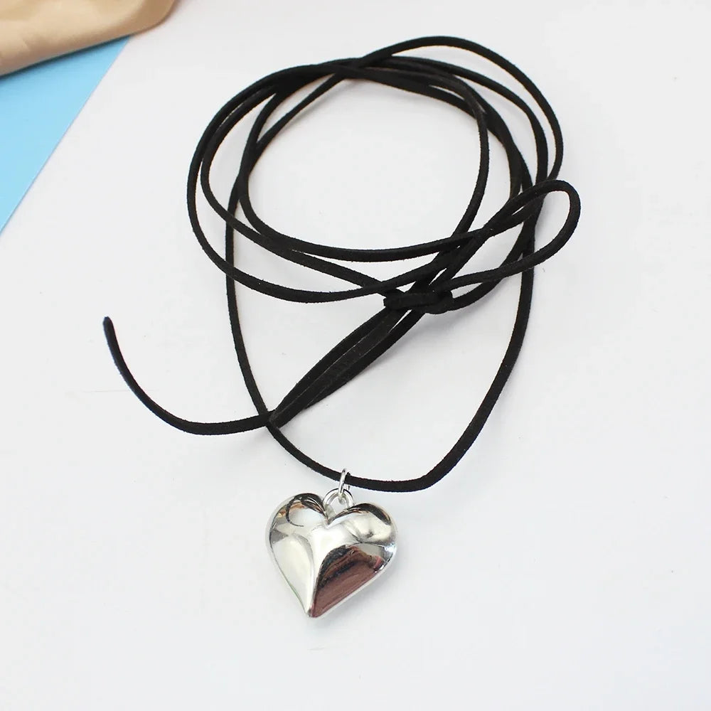 Goth Black Velvet 30mm Big Heart Pendant Choker Necklace Women Diy Weave Knotted Bowknot Adjustable Chain Jewelry