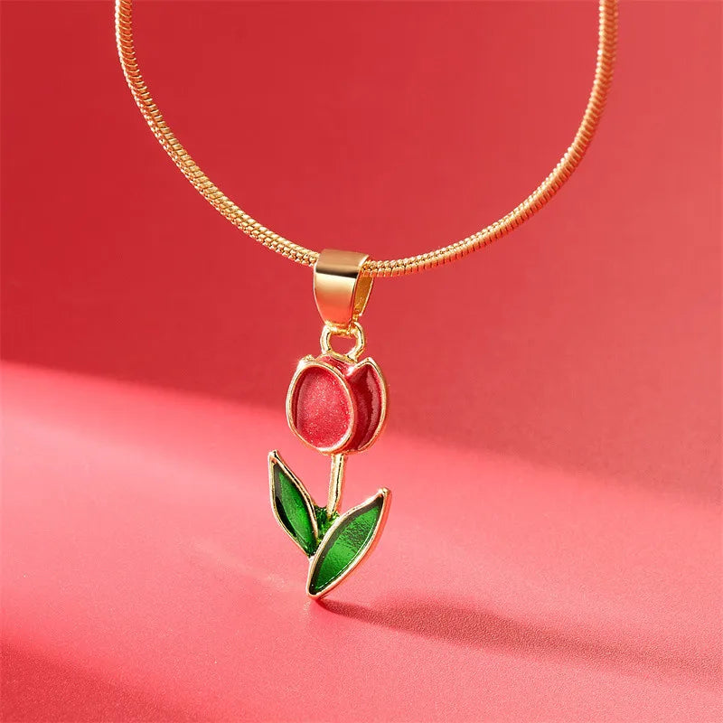 Vintage Elegant Enamel Tulip Flower Pendant Necklace For Women Fashion Young Girls Personality Accessories Clavicle Chain Choker