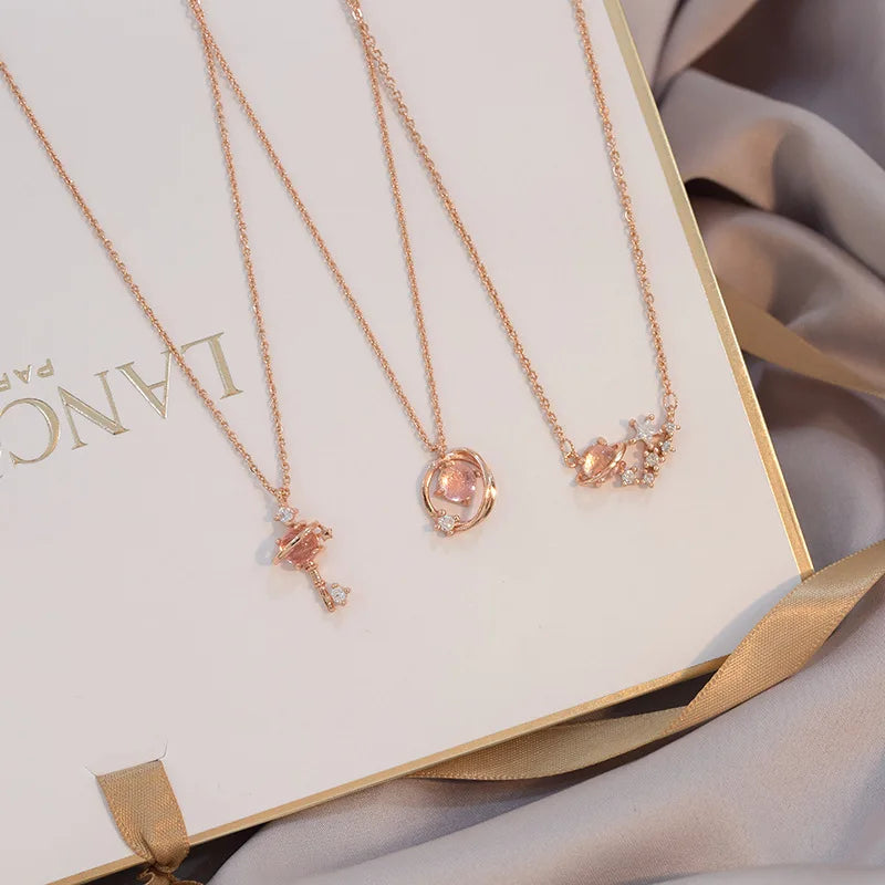 Pink Planet Meteor Shower Key Pendant Necklace Tiny Rose Gold Color Clavicle Chain Collar for Women Friendship Jewelry