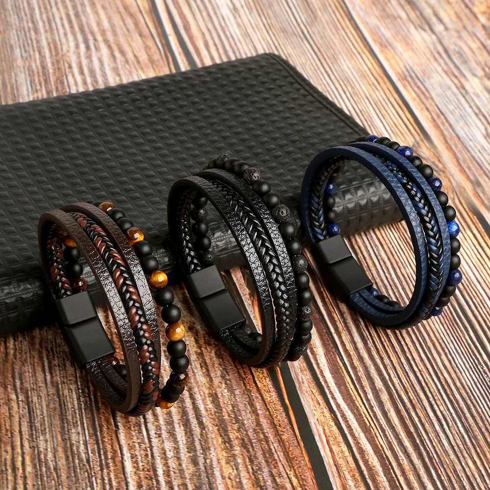 Vintage Multi-Layer Leather Bracelet Men Punk Cross Charm Tiger Eye Stone Beads Bracelet Fashion Braided Wrap Wristbands Jewelry