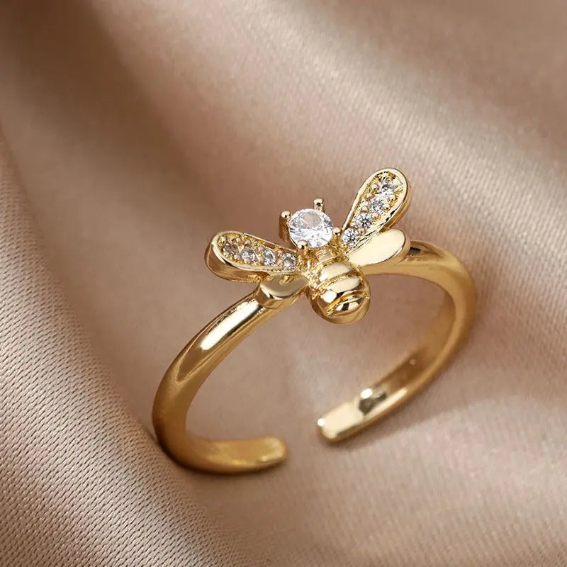 Bee Butterfly Ring For Women Open Adjustable Stainless Steel Cubic Zirconia Moon Heart Finger Ring Elegant Birthday Jewelry 2022