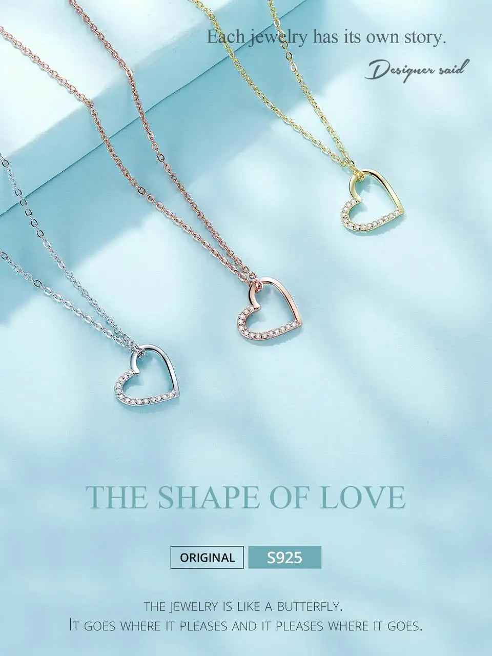 BAMOER Genuine 925 Sterling Silver The shape of love Chain Necklace for Women, Godl Plated Heart Necklace 3 Color 18.11''