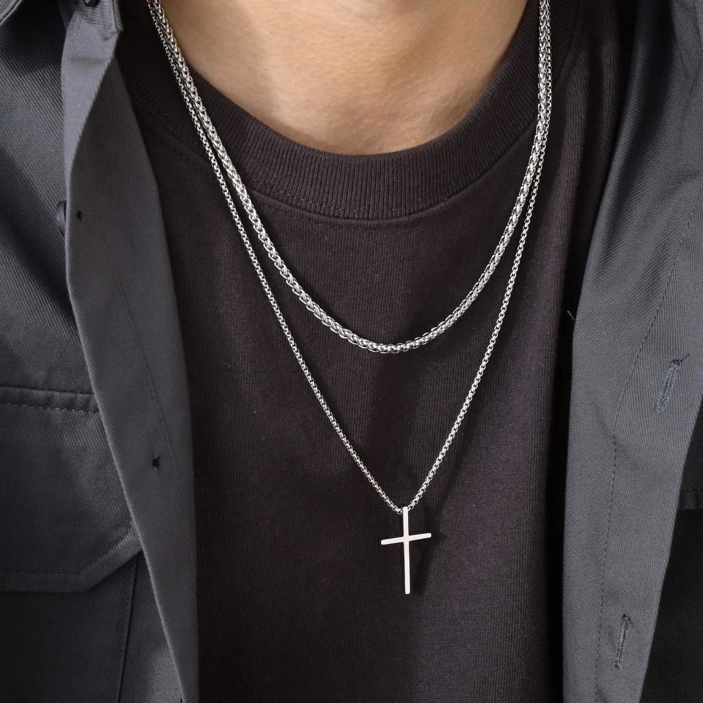 Vnox Mens Cross Necklaces, Stainless Steel Layered Plain Cross Pendant, Rope Box Chain Necklace, Simple Prayer Jesus Collar