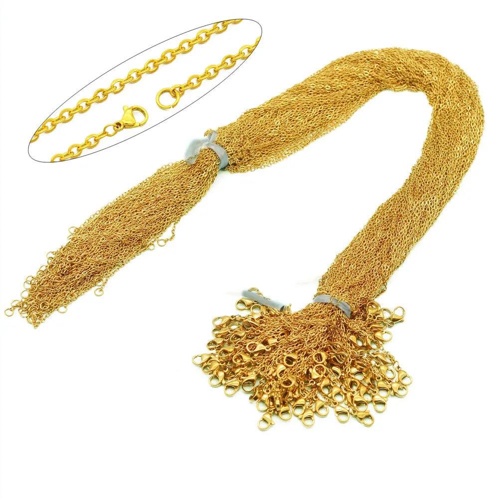 100pcs/Lot Bulk Wholesale 304 Stainless Steel Cable Link Rolo Chain Necklace Gold Color 45-50cm for DIY Jewelry Making Women