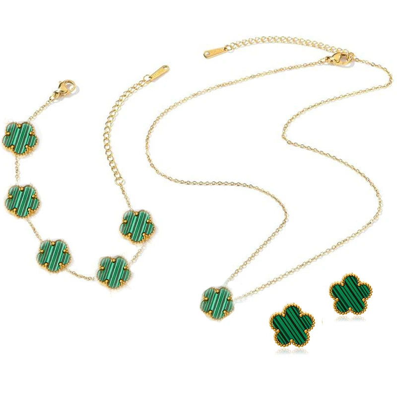 14K Gold Plated Stainless Steel Necklace Woman Five Leaf Petals Double Sided Necklaces for Women Pendant Flower Clover Jewelry