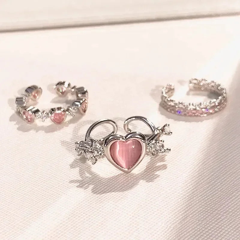 New 3pcs Fashion Love Heart Zircon Open Rings Set for Women Gothic Sweet Girls Geometric Finger Rings Jewelry Accessories