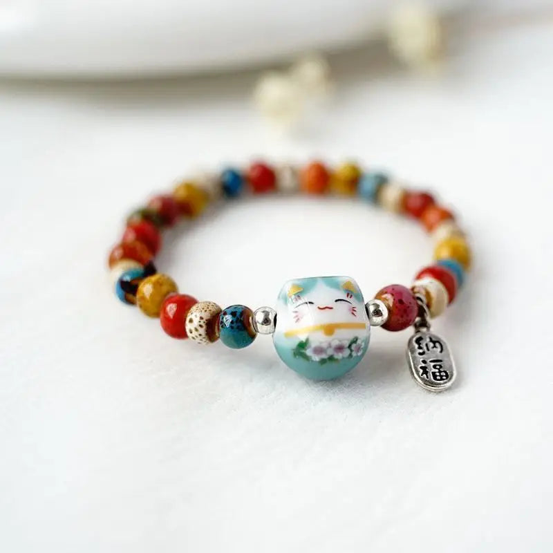 Cute Lucky Cat Bracelet For Girls Adjustable Colorful Beaded Bracelets Harajuku Ceramics Cat Pendant Charm Bracelets Jewelry