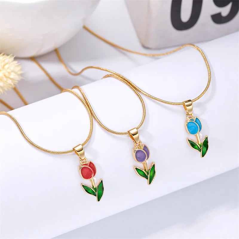 Vintage Elegant Enamel Tulip Flower Pendant Necklace For Women Fashion Young Girls Personality Accessories Clavicle Chain Choker