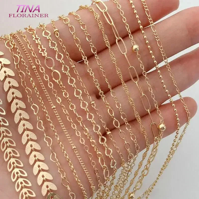 14K Gold Color Plated Brass Round Star Link Chains Necklace Chains High Quality Jewelry Accessories