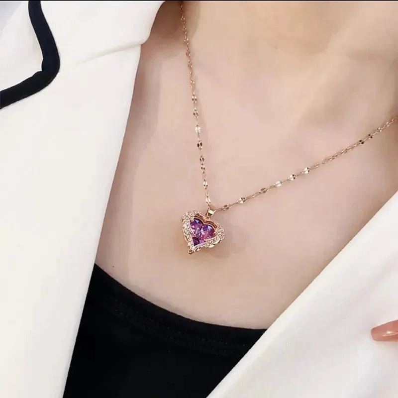 Luxury Colorful Crystal Ocean Heart Pendant Necklace For Women Korean Fashion Stainless Steel Neck Chain Female Wedding Jewelry