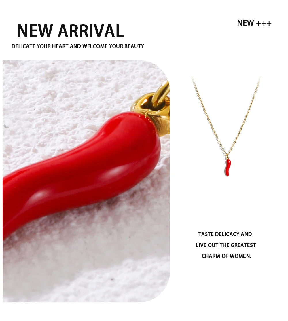 YACHAN Minimalist 18K Gold Plated Stainless Steel Chains Necklace for Women Creative Enamel Red Hot Pepper Pendant Cute Jewelry