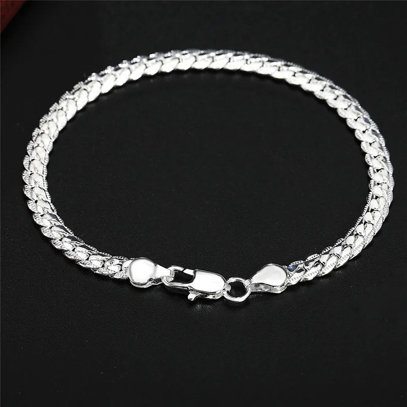 925 Sterling Silver Bracelet 6mm 18/20cm Flat Side Chain Lobster Clasp For Woman Man Wedding Engagement Jewelry