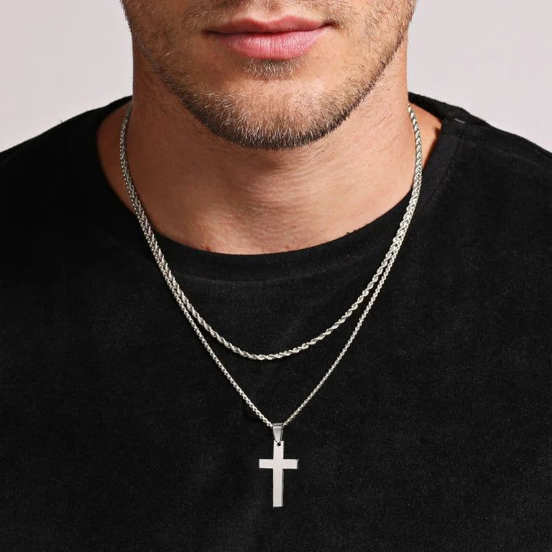 Waterproof Cross Necklaces for Men Male Gifts Jewelry, Anti Allergy Stainless Steel Plain Cross Pendant with Rope Chain