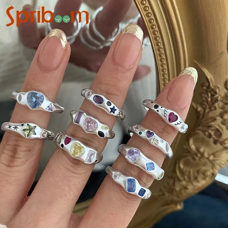 Colorful Zircon Rings for Women Irregular Matte Metal Ring Retro Personality Index Finger Jewelry Hip Hop Girls Accessories Gift