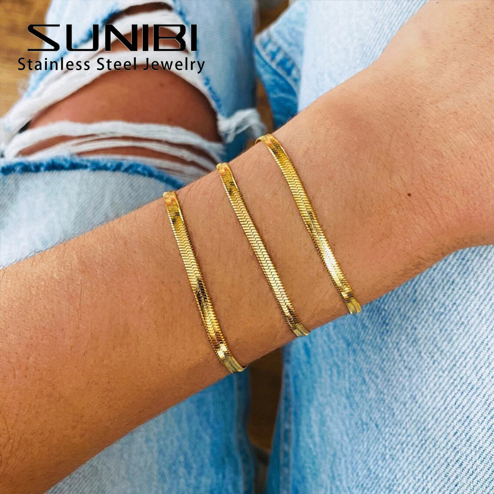 SUNIBI Classic Stainless Steel Snake Chain Bracelet for Women Gold Color Width 2/3/4/5mm Chain Bracelet Women Jewelry Wholesale