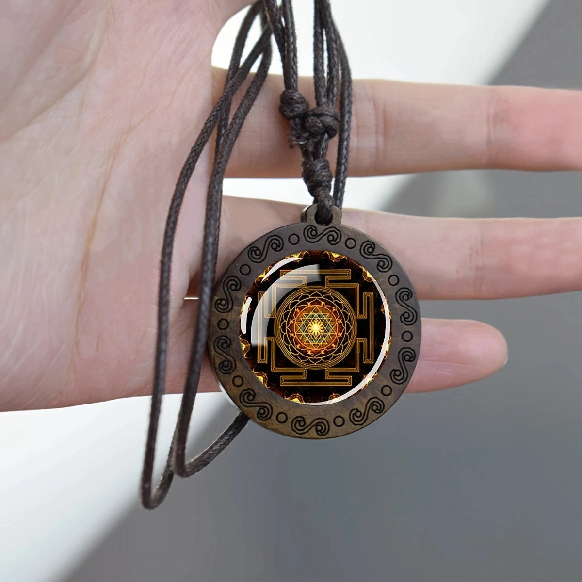 Sri Yantra Mandala Glass Necklace Wood Pendant Buddhist Sacred Geometry Jewelry Spiritual Yoga Gift