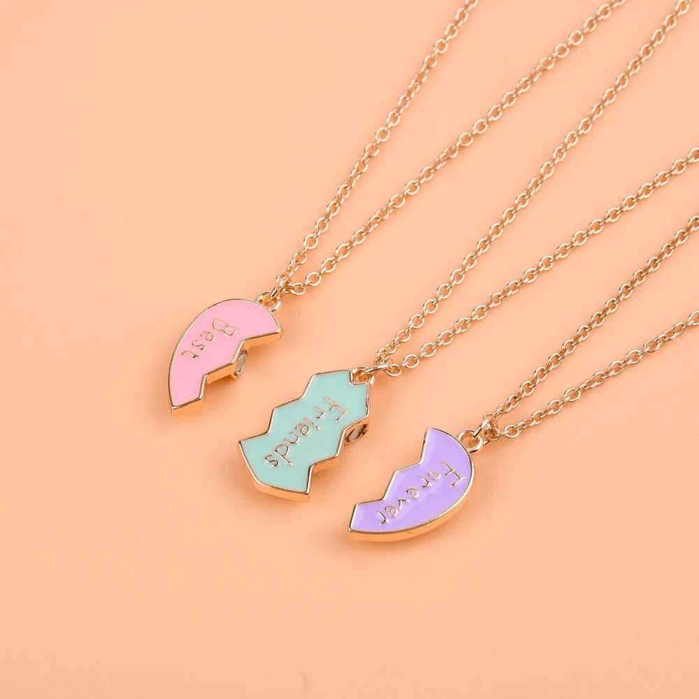 Lovecryst 3Pcs/set Cute 3-color Heart Broken Stitching Magnetic Best Friend Necklace for Girls BFF Friendship Jewelry Gift