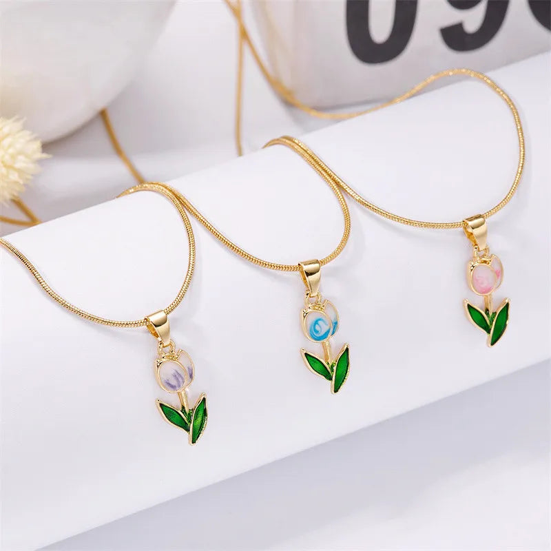 Vintage Elegant Enamel Tulip Flower Pendant Necklace For Women Fashion Young Girls Personality Accessories Clavicle Chain Choker