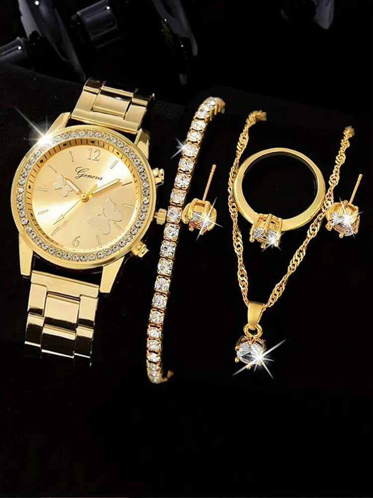 WOMEN'S Quartz Steel Band Watch + necklace + earrings + ring bracelet