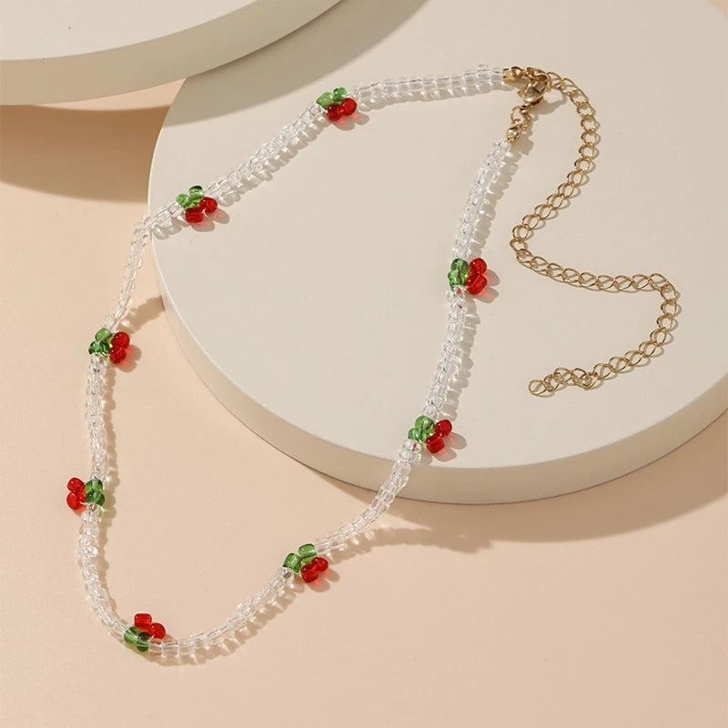 Bohemia Beaded Red Cherry Necklace for Women Cute Handmade Fruits Seed Bead Transparent Chokers Necklaces Boho Jewelry