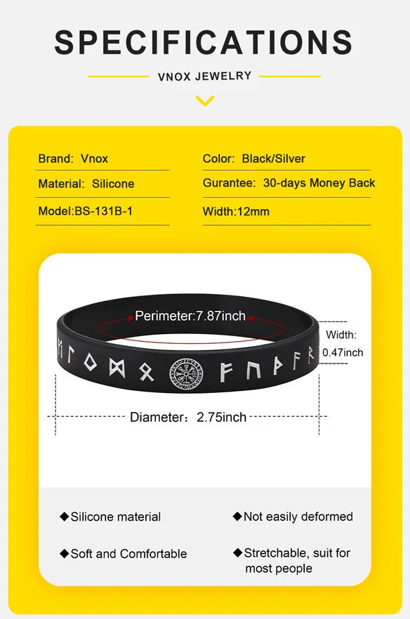 Vnox 12mm Silicone Bracelet for Men, Soft Rubber Silicone Wristband, Nordic Viking Compass Rune Almut Bangle Set