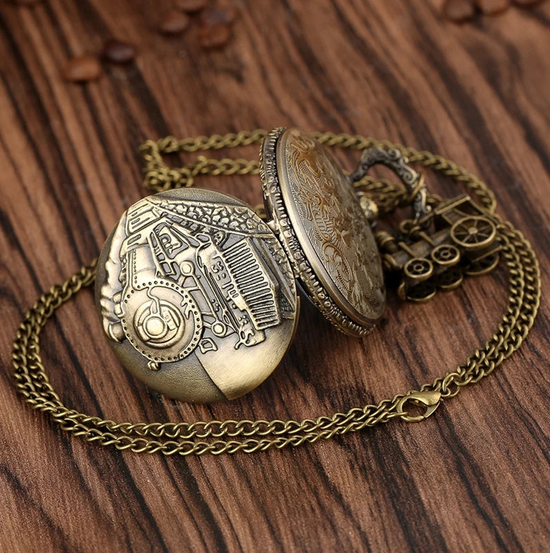 Classic Retro Steampunk Train Quartz Pocket Watch with Necklace Chain Pendant Gift for Male Men Vintage Clock