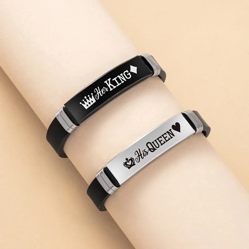 2 Pcs/Set Stainless Steel Crown Her King His Queen Trendy Sport Silicone Couple Bracelet Bangle Unisex Lover Bracelets Gift