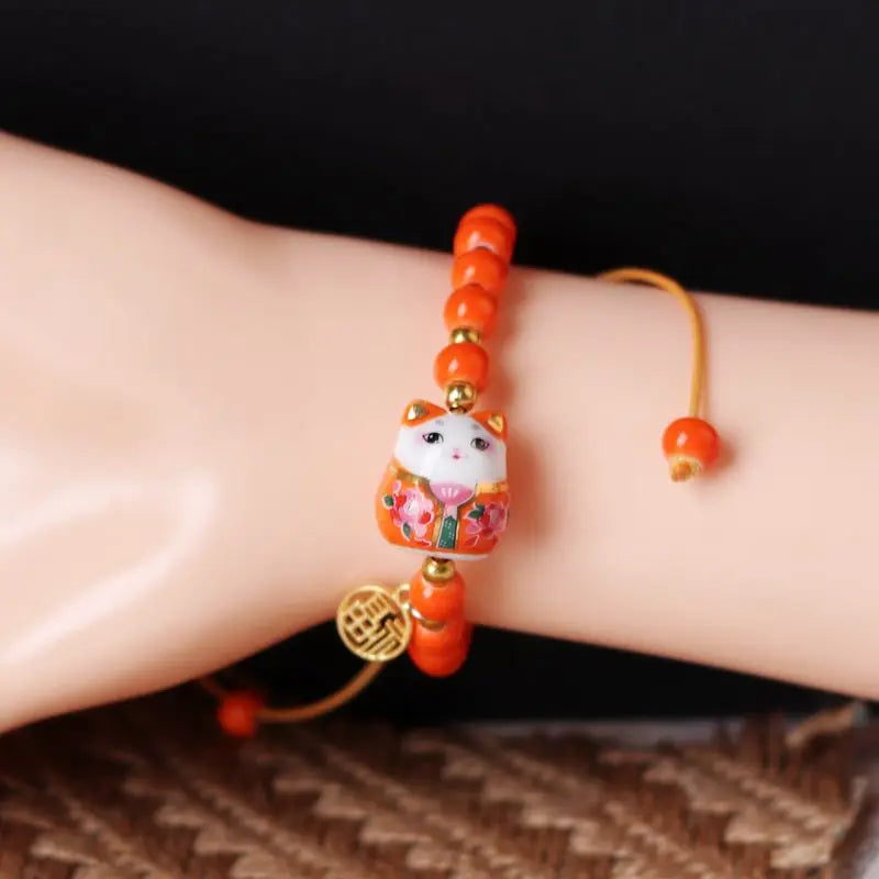 Cute Lucky Cat Bracelet For Girls Adjustable Colorful Beaded Bracelets Harajuku Ceramics Cat Pendant Charm Bracelets Jewelry