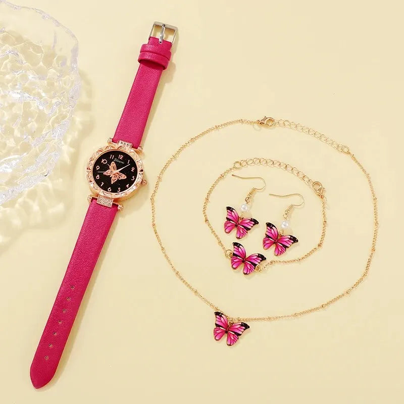 5PCS Set Womens Fashion Quartz Watch Female Clock Rose Red Butterfly Luxury Brand Design Women Watches Simple Ladies Wrist Watch