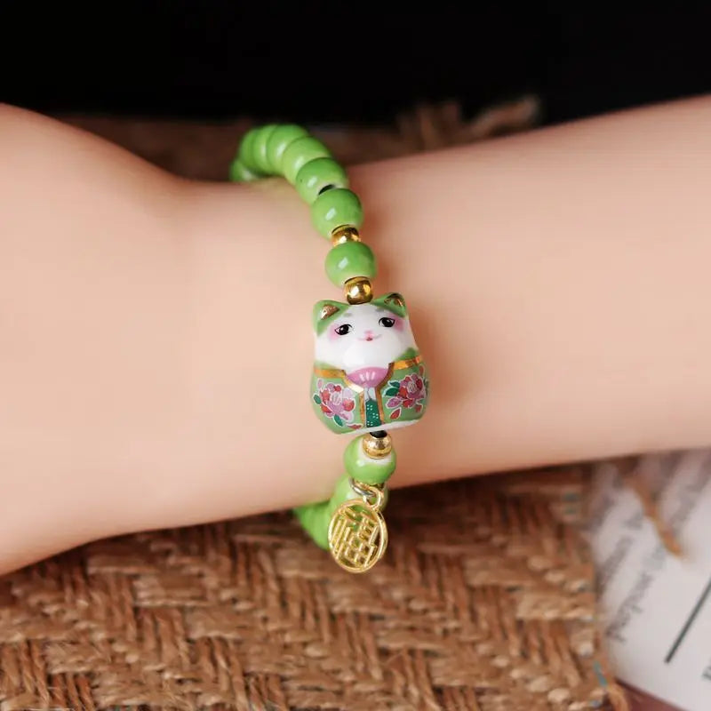 Cute Lucky Cat Bracelet For Girls Adjustable Colorful Beaded Bracelets Harajuku Ceramics Cat Pendant Charm Bracelets Jewelry