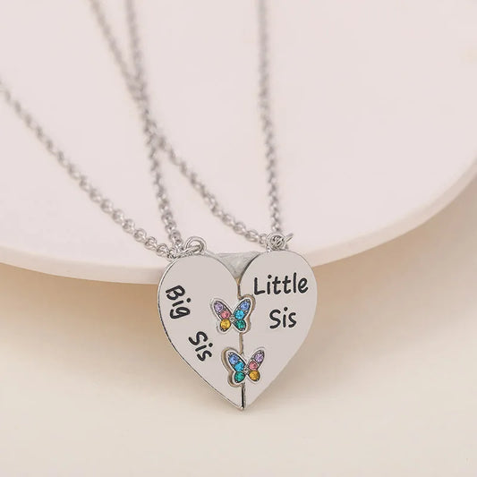 2 PCS Sister Necklace Big Sis Little Heart Stitching Pendant For Women Girl Butterfly Friendship Necklace Jewelry Banquet Gift