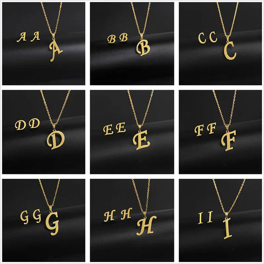 New Simple Gold Color A-Z 26 Letters Initial Pendant Necklace Set for Women Couple Stainless Steel Alphabet Name Chain Choker