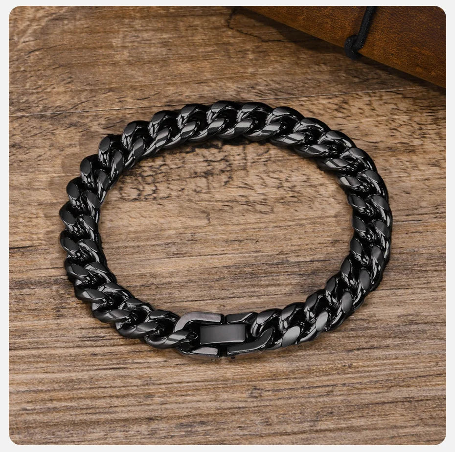 Vnox 8mm/10mm Bold Cuban Chain Bracelets for Men, Black Stainless Steel Miami Curb Links Wristband, Chunky Male Boy Jewelry