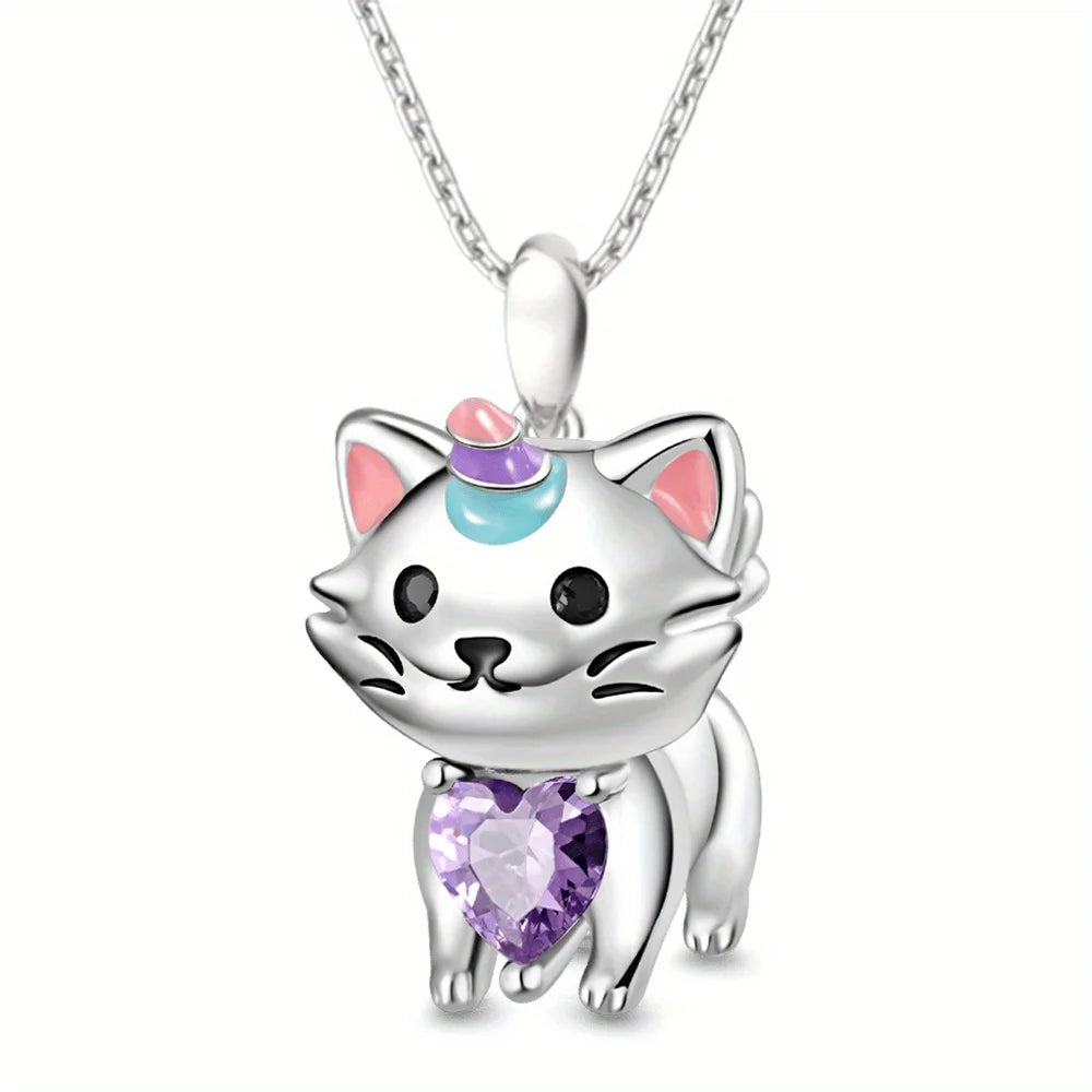 Beautiful Fashion Kitty Wearing Heart Shape Crystal Pendant Necklace Charm Jewelry Women Necklace Perfect Gift for Girls Women