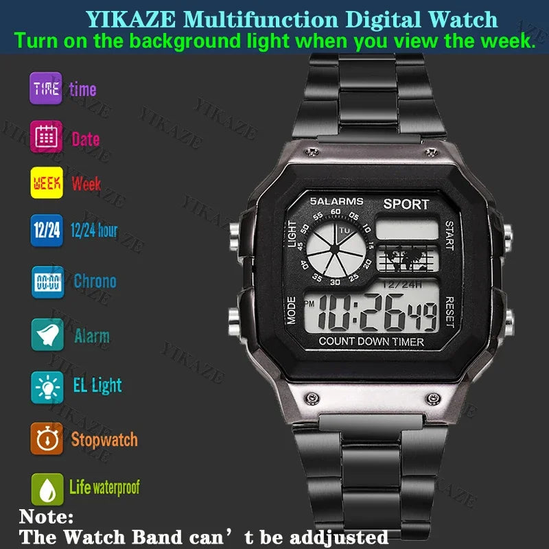 YIKAZE Luxury Stainless Steel Strap Sport Watches Men Military Digital Watches Waterproof Clock LED Men's Sport Wristwatch