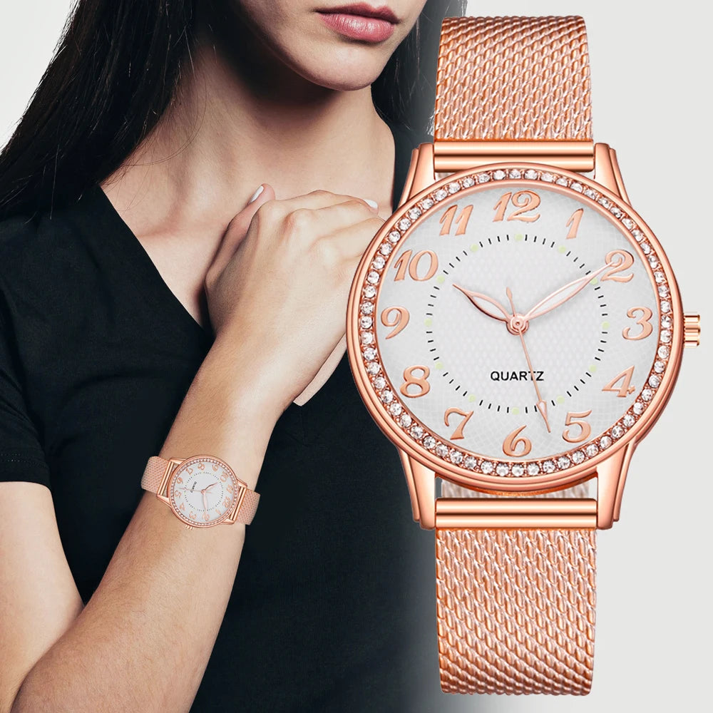 Women Watches Luxury Mesh Band Bracelet Rose Gold   Inlaid Crystal Fashion   New