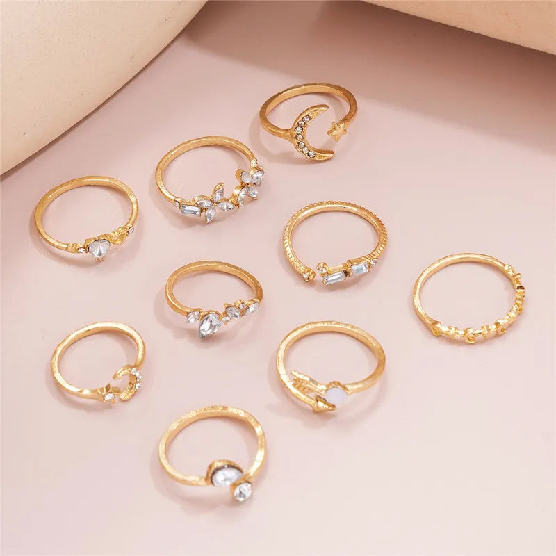 Modyle Boho Gold Color Heart Rings Set For Women Cubic Zirconia Star Moon Arrow Flower Finger Rings Female Trendy Jewelry Gift