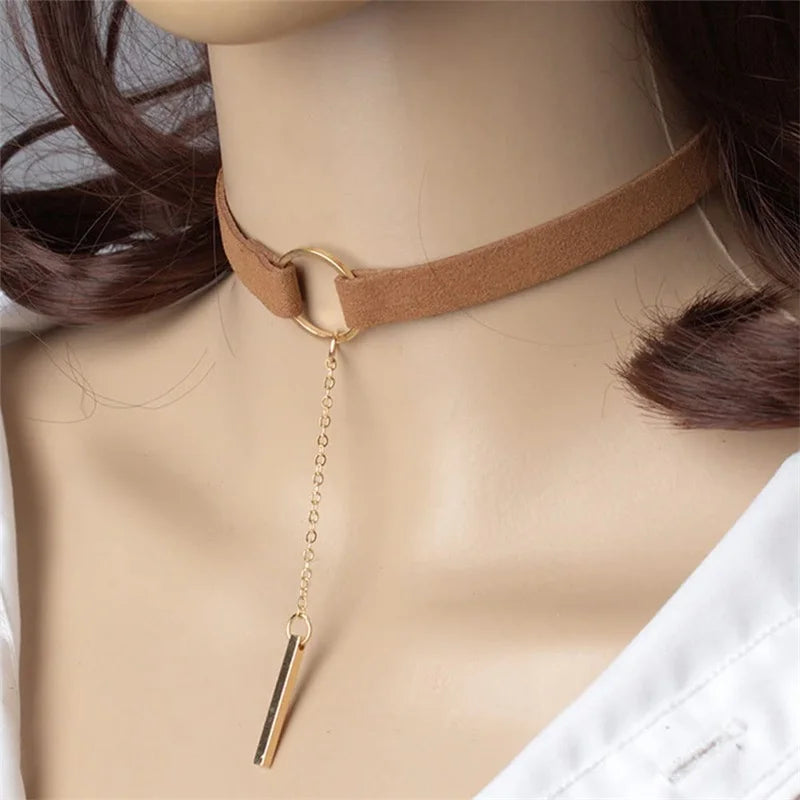 Fahion Wide Black Brown Leather Choker Necklace Gold Silver Long Chain Bar Pendant Collar for Women Girls