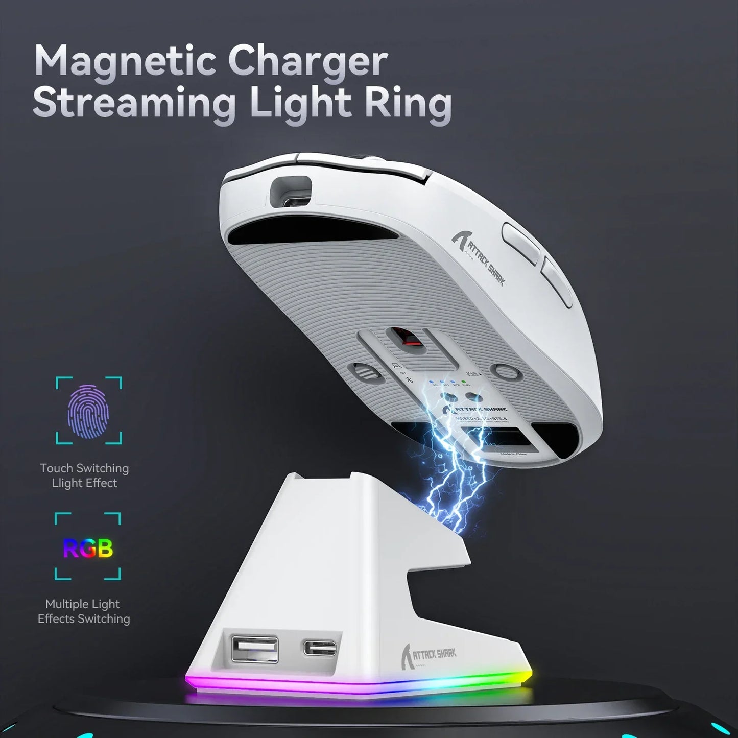 Attack Shark X6 PAW3395 Bluetooth Mouse,Tri-Mode Connection,RGB Touch Magnetic Charging Base,Macro Gaming Mouse