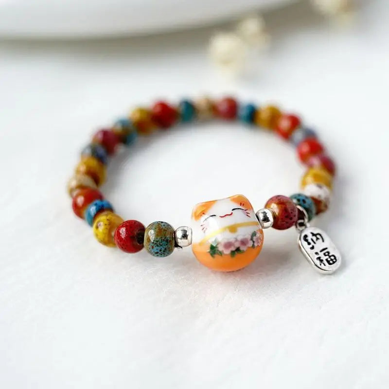 Cute Lucky Cat Bracelet For Girls Adjustable Colorful Beaded Bracelets Harajuku Ceramics Cat Pendant Charm Bracelets Jewelry