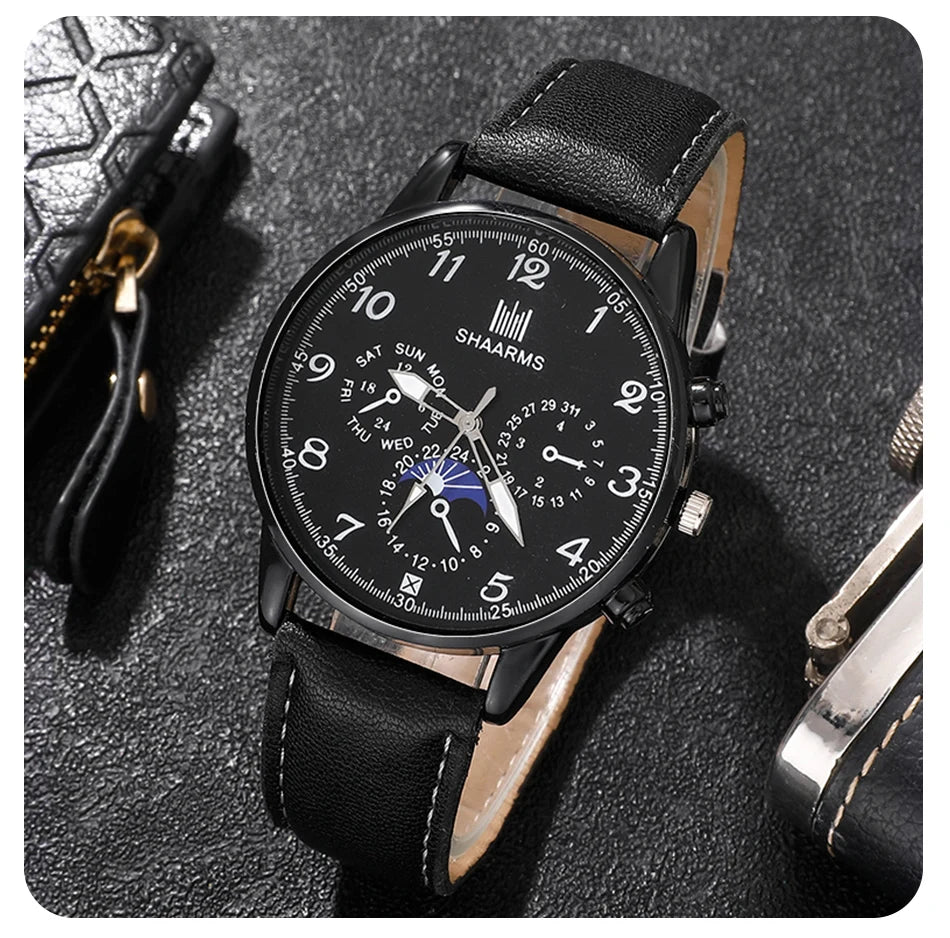 Fashion Mens Watches Wallet Glasses For Men Retro Black Bussiness Quartz Watch Male Casual Watch Relogio Masculino