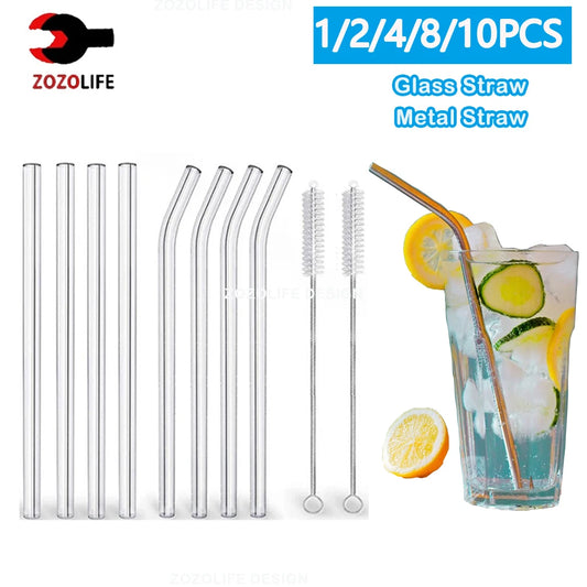 1-10Pcs Glass Straws Eco Friendly Reusable Drinking Metal Straw with Brushes Smoothies Milkshake Cocktails Party Bar Accessory